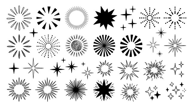 line sparkle vector set, comic style decorative lines, burst effects, and dynamic radial patterns in black for enhancing illustrations, comics, and graphic designs with energetic visual elements