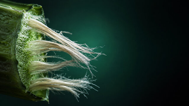 Extreme Macro Pineapple Ananas Comosus Leaf Cellulose Fiber Strands Emerging from Green Leaf Tissue Showing Microscopic Fibril Structure on Emerald Dark Background, Sustainable Textile Innovation Pi&ntilde;a