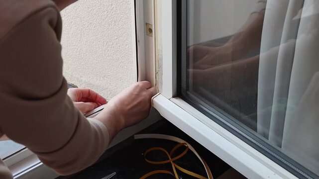 Young Caucasian guy glues rubber insulation in the corner of the window frame, standing in the room on the second floor, top view from the side, close-up with slow motion. Concept of repair and insula