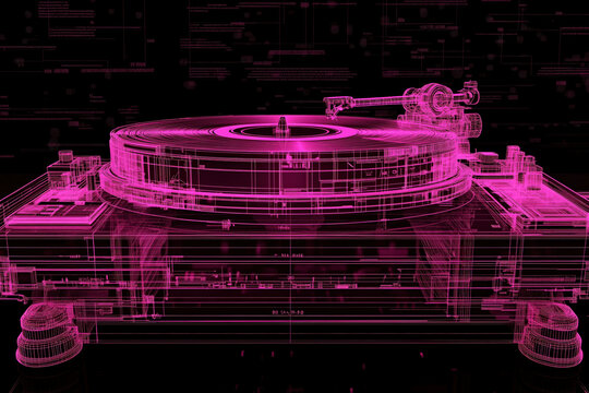 technical hologram, magenta turntable technical drawing projection on black, illustration
