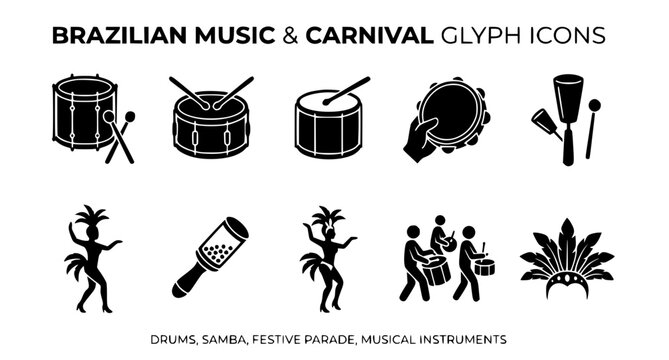 Brazilian samba percussion instruments black glyph icon set with drums and drumsticks isolated on white