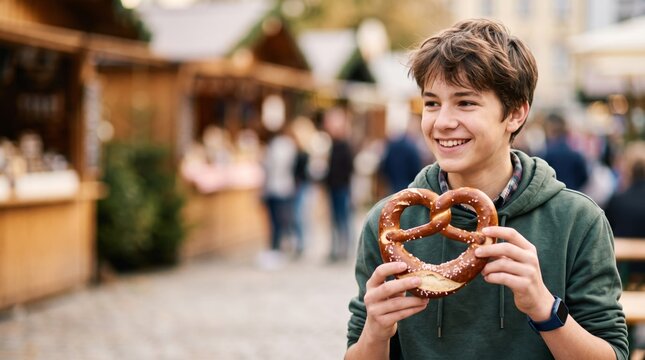 Smiling teenage boy holds a traditional Bavarian pretzel at an outdoor festival market with generous copy space