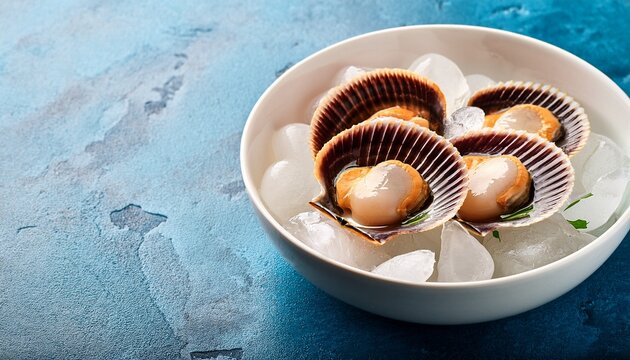 fresh scallops in shells in a white ceramic bowl with ice on a light blue stone background