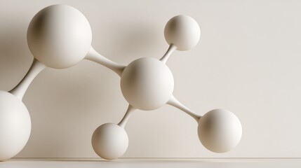 Obraz premium Minimal beige molecular structure with connected spheres for science design, card, poster, background
