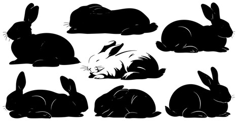 Obraz premium Diverse Rabbit Silhouettes Vector Set, Black and White Bunny Poses, Cute Hare Illustrations for Easter and Spring Designs