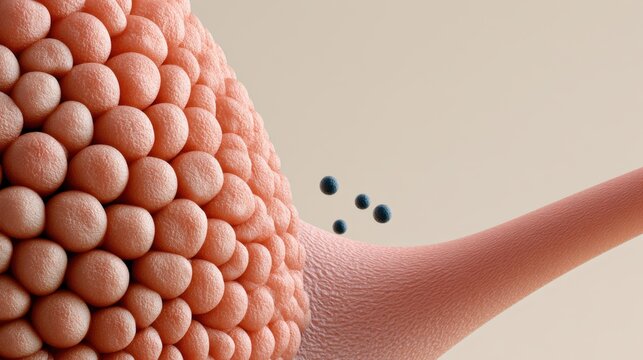 Abstract textured cluster of peach spheres with floating blue particles for medical and science background design and presentation