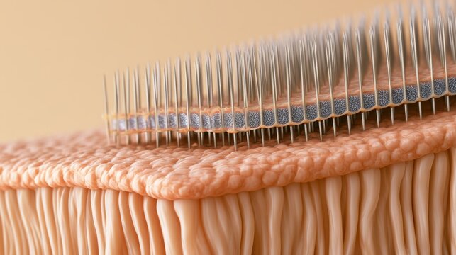 Microneedle patch closeup on skin surface for dermatology and cosmetic treatment concept, medical illustration background for healthcare and research