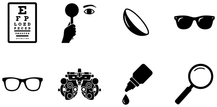Optometry Icons Set: Eye Chart, Glasses, Contact Lens, Sunglasses, Dropper, Magnifying Glass, Vision Test Equipment
