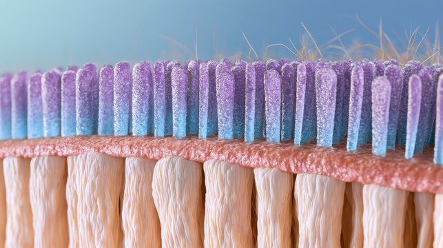 Macro closeup of toothbrush bristles with purple and blue toothpaste residue for dental hygiene background and oral care design