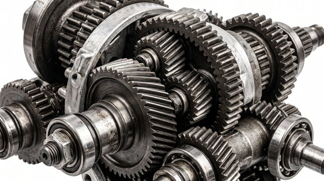 Close-up macro shot of industrial steel gears meshing in high-precision mechanical assembly