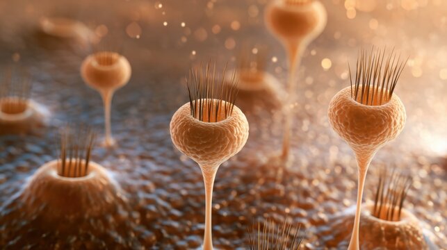 Closeup microscopic hair follicle and skin cells view for medical education scientific presentation and health research visualization