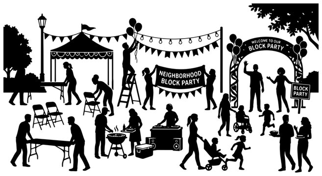 Neighborhood Block Party Silhouettes, Community Gathering Vector Set, Celebration Scene Illustrations, Festive Outdoor Event Graphics