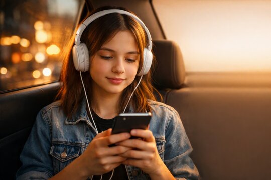 Teenage girl with headphones using smartphone in car interior lifestyle portrait for social media and mobile app advertising