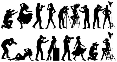 Obraz premium Silhouette Photography Icons, Camera Crew Vector Set, Professional Photographer Collection, Studio Lighting Graphics