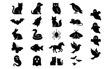Naklejka premium Set of black silhouette icons featuring various animals and ghosts for creative halloween party decorations and designs
