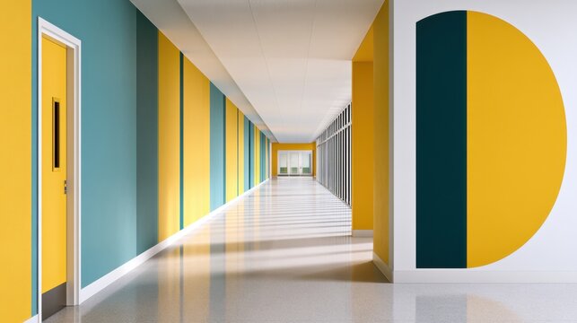 Modern interior corridor with colorful geometric wall design and large windows for architecture brochure and background use
