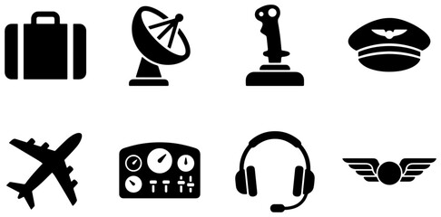 Aviation Icons Set: Airplane, Pilot Hat, Joystick, Radar, Headset, Dashboard, Wings, Luggage - Vector Graphics for Travel and Aerospace © Munna