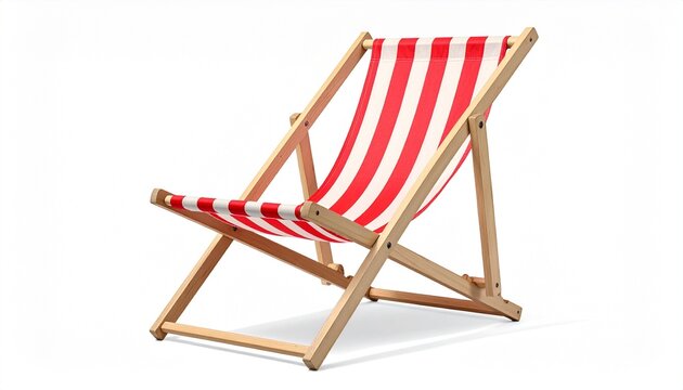 Wooden beach chair with red‑white stripes on sandy shore, evoking summer leisure, seaside relaxation, and iconic coastal charm.