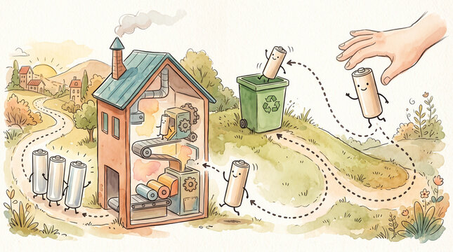 Watercolor storybook illustration showing a battery's journey from a hand to a recycling bin, through a whimsical house-like plant, into new silos.