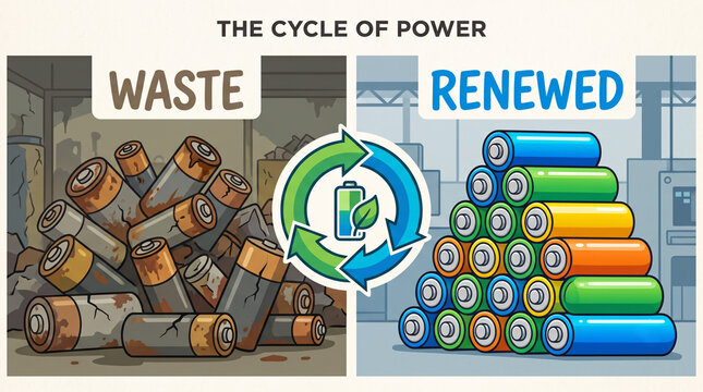 Split conceptual illustration showing dull, discarded batteries labeled 'Waste' alongside vibrant, new batteries labeled 'Renewed', linked by a recycling arrow.