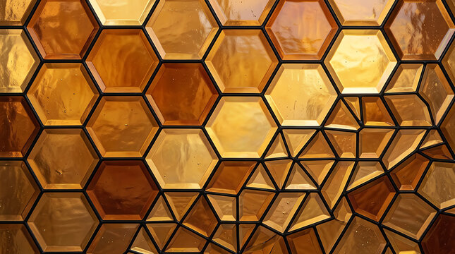 Abstract golden honeycomb pattern with glowing hexagonal shapes and geometric structure
