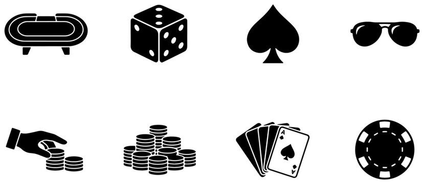 Casino Icons Set: Poker Table, Dice, Spade, Sunglasses, Chips, Playing Cards, and Betting Elements for Gambling and Entertainment Graphics