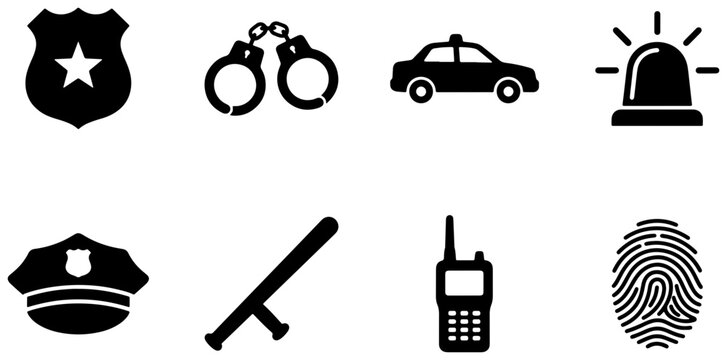 Police Icons Set: Law Enforcement Symbols, Justice, Security, Crime Fighting, Investigation, and Public Safety Vector Graphics