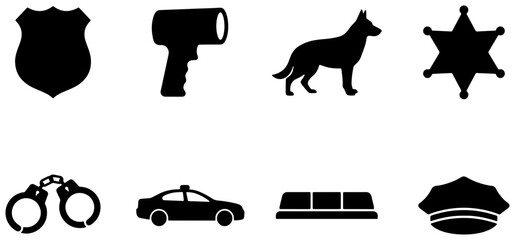 Police Icons Set, Law Enforcement Vector Graphics, Sheriff Badge, K9 Dog, Handcuffs, Patrol Car, Flashlight, Siren Light, Police Cap © Kabir