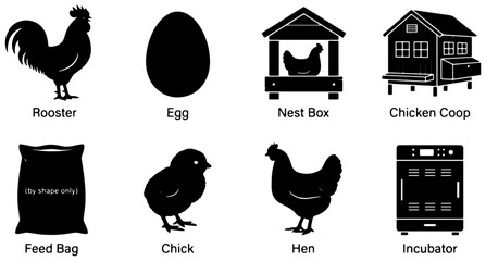 Farm Animal Icons: Rooster, Egg, Chick, Hen, Coop, Nest Box, Feed Bag, Incubator Vector Set. Poultry Farming Graphics. © Kabir