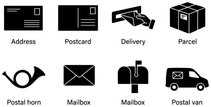 Postal Service Icons: Address, Postcard, Delivery, Parcel, Mailbox, Postal Van, Horn, Envelopes - Shipping and Logistics Vector Symbols