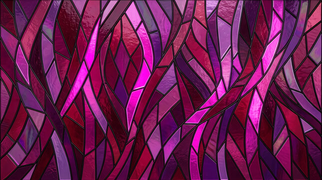 Abstract stained glass pattern with colorful purple and red geometric shapes and lines