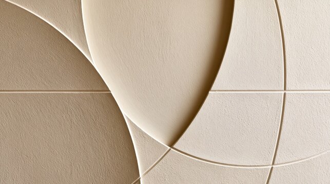 Closeup neutral plaster wall panels with overlapping arcs and linear grooves for minimalist interior design background and architectural texture