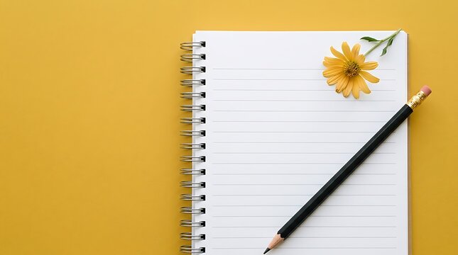 Open spiral notebook with yellow flower and pencil on yellow notebook, open, spiral, blank, lined