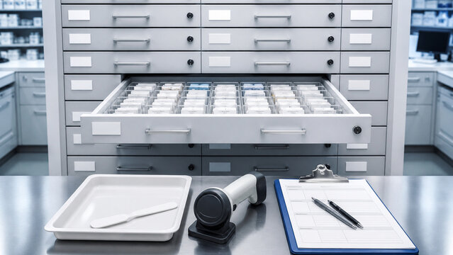 Organized medical storage drawers with an open inventory tray, barcode scanner, clipboard and supply bin in a clean clinical workspace.