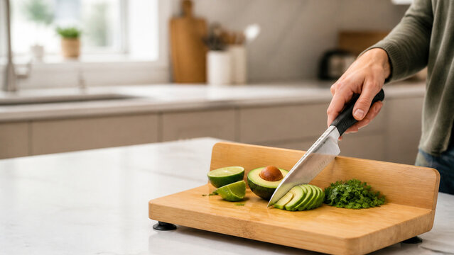 Close-up of hands slicing fresh avocado beside lime and herbs on a wooden cutting board in a bright modern kitchen.