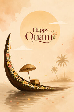 Minimalist illustration of traditional snake boat decorated with beautiful flowers for happy onam a grand harvest south indian festival in kerala state