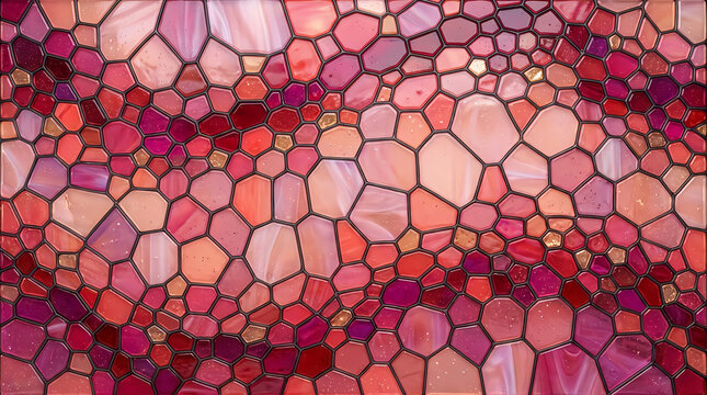 Abstract background with colorful geometric mosaic pattern and red and pink honeycombed shapes