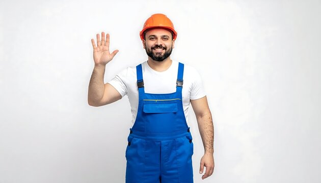 Joyful man in blue overalls giving thumbs up pose.
