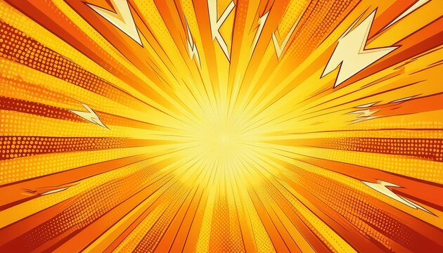 dynamic yellow and orange background with radial sunburst rays lightning bolts and halftone dot pattern in comic book style