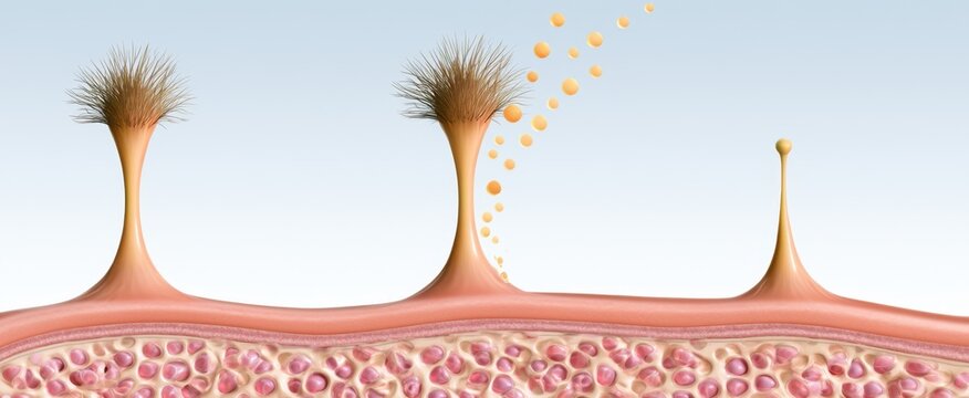 Detailed skin cross section diagram showing hair follicles pores and sebum secretion for dermatology medical education poster presentation and textbook design