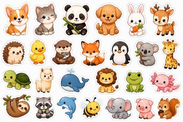 Naklejka premium Collection of cartoon animal stickers illustrations features a corgi panda fox and various other creatures
