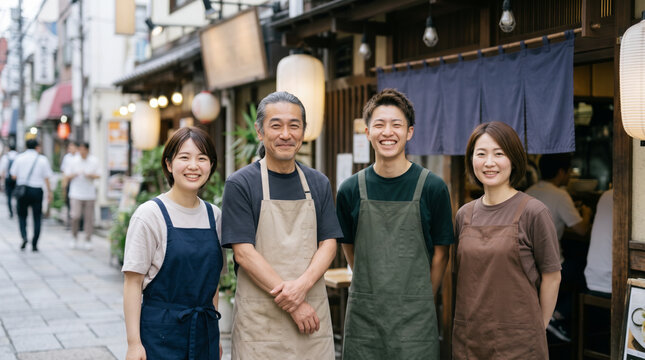 居酒屋や飲食店の店前に立つスタッフと店主の笑顔の集合写真
