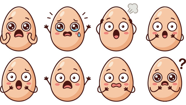 Collection of cartoon eggs with various facial expressions and emotions