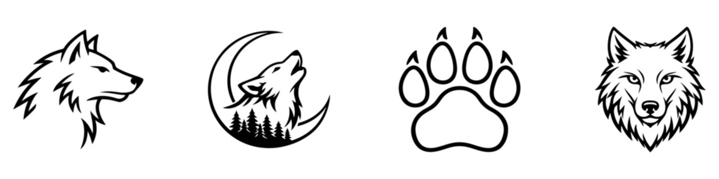 Wild wolf head logo set with fierce face silhouettes for mascot, esport and branding vector designs.