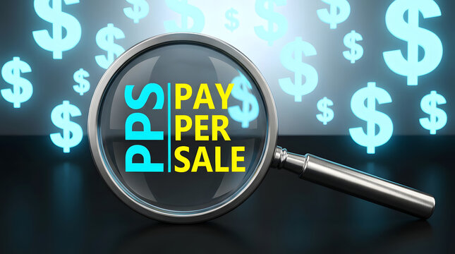 Magnifying glass focusing on Pay Per Sale text with glowing dollar signs in background