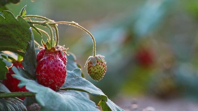 Organic strawberry field shows organic farming and organic strawberries with red berries and ripe strawberry fruits as delicious snacks and healthy snacks in evening sunset and close-up view of fruits