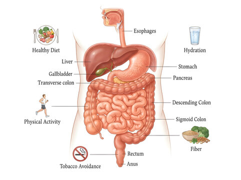 Digestive system diagram with healthy lifestyle tips isolated on white background