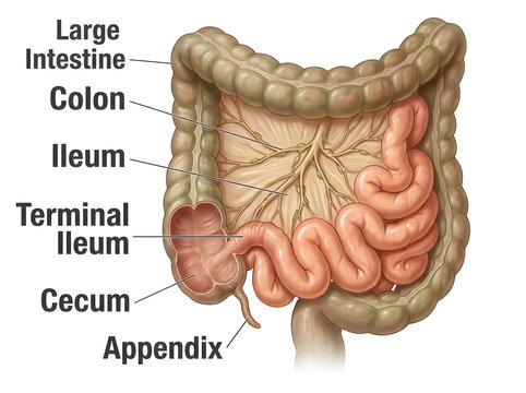 Human digestive system large intestine anatomy diagram isolated on white background