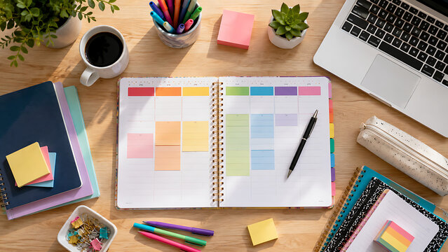 Top view flat lay of open personal planner calendar with colorful sticky notes laptop computer coffee cup pens and stationery on bright wooden student desktop workspace layout