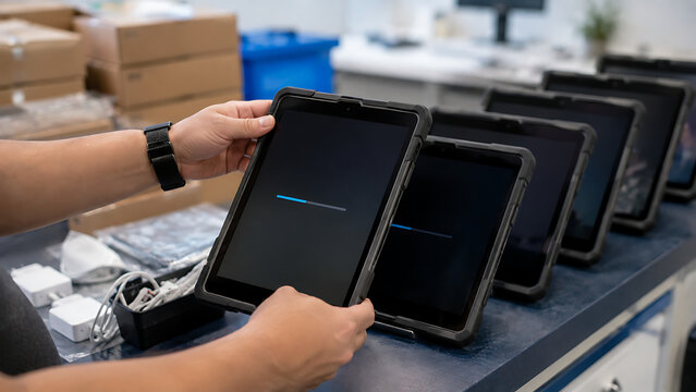 it technician holding digital tablet during batch system update and device configuration in technology workshop office setting